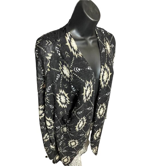 Xhilaration Womens Open-Front Cardigan M Black Aztec Print Lace-Back Long Sleeve - Picture 1 of 9